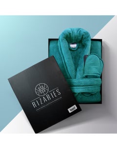 Buy Bathrobe - 100% soft cotton - Teal - 2 Pieces set in UAE