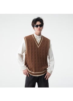 اشتري Preppy style V-neck knitted vest mens autumn and winter American retro loose sleeveless sweater vest pullover waistcoatBrown Brown في الامارات