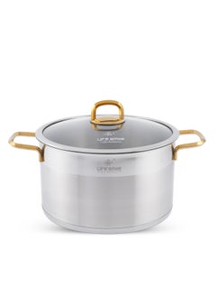 اشتري President Series Premium 18/10 Stainless Steel Cooking Pot - Induction 3-Ply Thick Base Casserrole with Glass Lid for Even Heating Oven Safe Silver Gold في الامارات