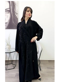 Buy Abaya Front and Shoulder Embroidered Design High-Neck Black in Saudi Arabia