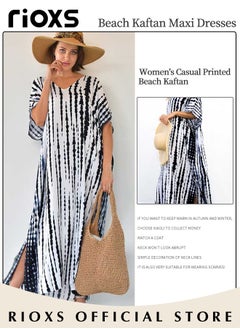 Buy Women's Casual Printed Beach Kaftan Quick Dry Short Sleeve Maxi Dresses Loose Plus Size Long Swimsuit Cover Ups in Saudi Arabia