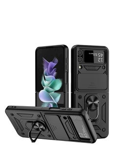 اشتري ROCK POW Case for Samsung Galaxy Z Flip 4 5G with Slide Camera Cover, 360° Ring Kickstand Full Protection Rugged Armor Shockproof Phone Case Silicone Protective Cover, Black في الامارات