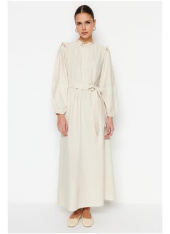 Buy Cream Belted Guipure and Ruffle Detailed Linen Blended Woven Dress TCTSS23EB00011 in Egypt