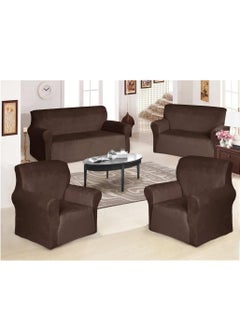 Buy Velvet non-slip Super Stretchable Sofa Covers Set for Seven Seats of 4 Pieces in Dark Brown in Saudi Arabia