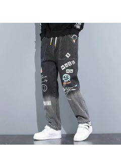 اشتري Korean YOA Printed Cartoon Jeans Mens Loose Drawstring Denim Grey في السعودية