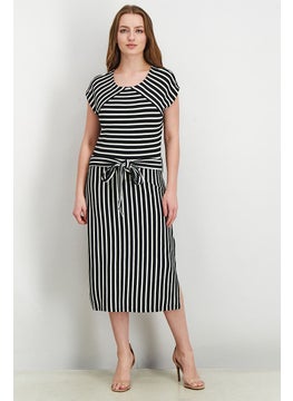 Buy Women Tie Waist Stripe Midi Dress, Black/White in UAE