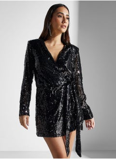 Buy Surplice Neck Tie Detail Sequin Dress in Saudi Arabia