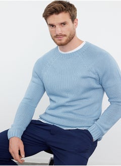 Buy Blue Slim Fit Crew Neck Raglan Sleeve Basic Knitwear Sweater in Egypt