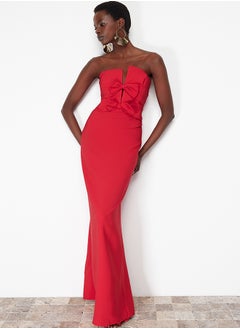 اشتري Red Bow Detailed Woven Long Evening Dress TPRSS24AE00073 في مصر