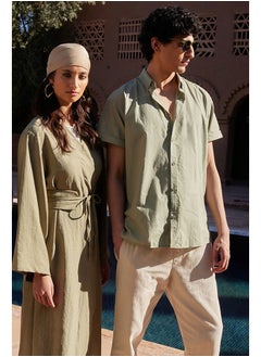 Buy Khaki Waist Tie Detail Linen Look Woven Kimono & Kaftan in Egypt