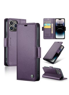 Buy Flip Wallet Case For Apple iPhone 14 Pro Max, [RFID Blocking] PU Leather Wallet Flip Folio Case with Card Holder Kickstand Shockproof Phone Cover (Purple) in UAE