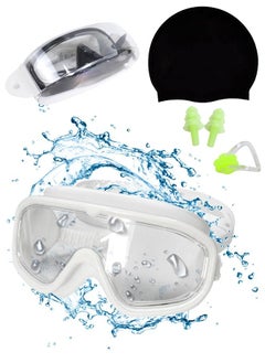 Buy Large Frame Clear Swim Goggles with Swimming Cap, Earplugs, and Nose Clip - Leak-Proof UV Anti Fog Swimwear Eyewear - Unisex Men Women in UAE