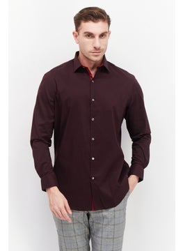 Buy Men Regular Fit Solid Long Sleeves Dress Shirt, Burgundy in UAE