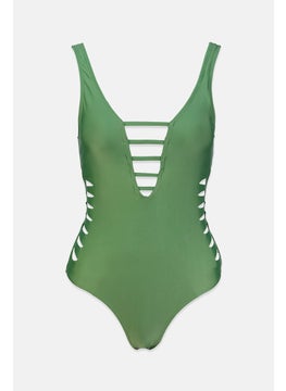 Buy Women Textured One Piece Swimwear, Olive in Saudi Arabia