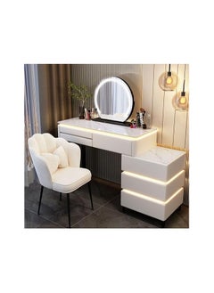 Buy Modern Luminous Dressing Table Set, Vanity Desk with Illuminated Mirror and Stool, Makeup Table with Storage Drawers, Wireless Charging, Dresser Side Cabinet for Bedroom Home Gift Girls Women. in UAE