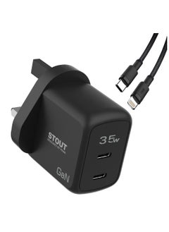 Buy Stout Gan Travel Charger With Dual PD Port 35 W, Type C To lightnint / UK 3 pin plug / Over voltage protection / Unique design - Black in UAE