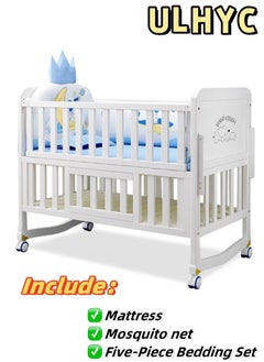 Buy 4 in 1 Height Adjustable Wooden Mobile Crib, Multifunctional Cradle, Playpen, Newborn Sleeping Crib, Easy to Assemble, Comes with Mattress, Four-piece Bedding Set, Mosquito Net (106CM * 60CM * 89CM) in Saudi Arabia