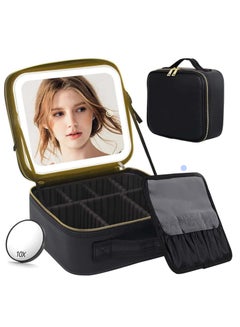 Buy Makeup Bag with Mirror of LED Lighted and Detachable 10x Magnifying Mirror, Cosmetic Bag Organizer with Adjustable Dividers (Black) in Saudi Arabia