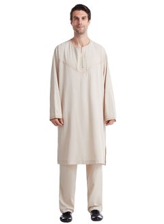 Buy Men's Muslim Arab Long Sleeve Kaftan Set Middle Eastern Kandora Thobe Thawb Suit Beige in UAE