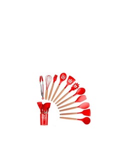Buy 12-Piece Heat Resistant Non-Stick Silicone Kitchen Distribution Set with Wooden Handle (Red) in Egypt