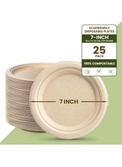 Buy Ecoway [7 Inch - Pack Of 25] Disposable Plates Made With Bagasse Sugar Canes Microwave & Freeze Safe, Compostable & Biodegradable Dinner Plates, Everyday Tableware Strong & Large Brown in UAE