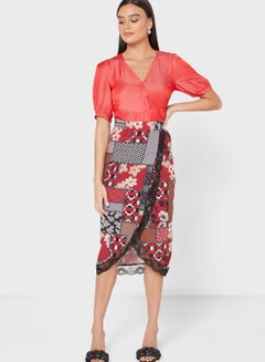 Buy Mixed Print Wrap Front Midi Skirt in UAE