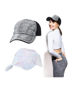 اشتري Rhinestone Baseball Cap, Women Bling Hat, Rhinestone Hat, Adjustable Baseball Cap Sequins for Men, Sport Travel Summer Black and White Cap 2 Pcs في الامارات