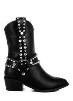 Buy Studded Harness Detail Boots in Black in UAE