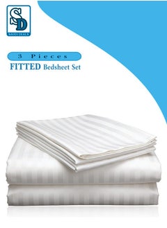 Buy Cozy 3-piece White Striped Bed Sheet Set with 16" Deep Pocket, Super Soft, Easy Care, Wrinkle-Free, Fade Resistant, Breathable Cotton Set, Fitted Sheet and Pillowcases (Single) in Saudi Arabia