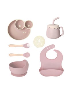 Buy Baby weaning tableware easy to clean pink with suction cups separate trays adjustable bibs soft spoons and forks drinking cups baby plates suitable for babies aged 0-6 months in Saudi Arabia