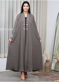 Buy Gray abaya with thread embroidery on the sleeves and collar in Saudi Arabia