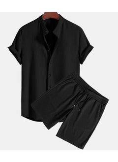 Buy Summer 2024 Mens Solid Color Short Sleeve Shirt Set Black with pants in UAE