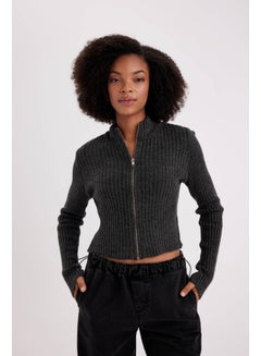 Buy Woman Slim Fit Mock Neck Long Sleeve Tricot Cardigan in Egypt