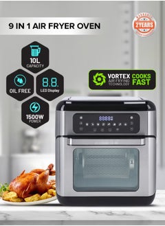 Buy Air Fryer Oven Digital 9-In-1 Convection Air Fryer 10 L| Toaster Oven Combo Rotisserie & Dehydrator| Oil-Free Countertop Oven With Led Digital Touchscreen| 90 Min Timer 10 L 1500 W  Silver/Black in Saudi Arabia