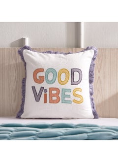 اشتري Playland Good Vibes Printed Embroidered Cotton Filled Cushion with Frill 40 x 40 cm في الامارات