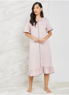 Buy Melange Contrast Edge Ruffle Hem & Sleeve Sleep Dress in Saudi Arabia