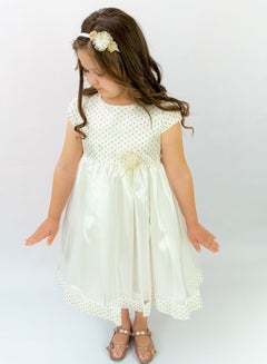 Buy Girl's Dress With Gold Metallic Dots, Pearl Beads And Organza Flower Center, Bow Style At The Back, Hairband, Tiulle Bottom, Pongee/cotton Lining, Ready For Gifting in UAE