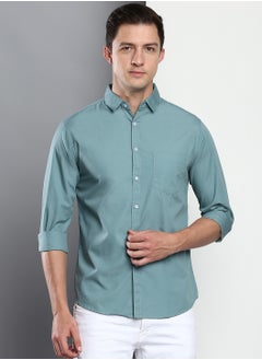 Buy Men's Solid Slim Fit Casual Shirt (C301_Dusty Teal S) in Saudi Arabia