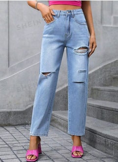 Buy SHEIN Frenchy Ripped Straight Leg JeansMedium Wash in Egypt