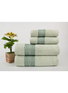 Buy Towel 4 Piece Bathroom  Set - BLOCKS - 500 GSM - 100% Cotton Terry - Jacquard Border- 2 Bath  70X140 cm & 2 Hand  50x90 cm- Luxury Touch - Extra Absorbent-Tea Green in Saudi Arabia