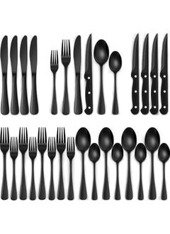 Buy 24-Piece Black Silverware Set with Steak Knives, Black Flatware Set for 4, Food-Grade Stainless Steel Tableware Cutlery Set, Mirror Finished Utensil Sets for Home Restaurant in Saudi Arabia