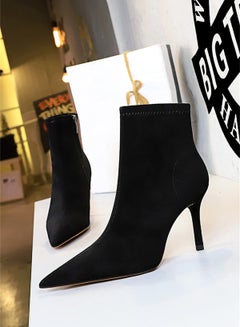 Buy 8cm Wind Simple Fine Heel High Heel Suede Pointed Lean High Heel Boots Short Leg Woman Black in UAE