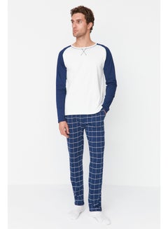 Buy Navy Blue Men's 100% Cotton Plaid Knitted Pajamas Set in Egypt