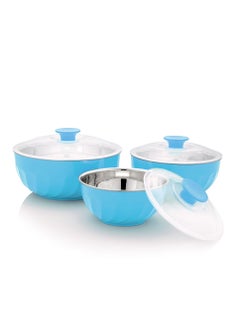 اشتري 3 Piece Mixing Bowl Outer Plastic with inner Stainless Steel Mixing & Serving Bowls with lid 600ml 1200ml 1800ml Assorted colors في الامارات
