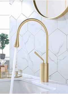 Buy High Arc Single Handle 1-Hole Bathroom Vessel Sink Faucet Solid Brass Lavatory Vanity Faucet, Brushed Gold in Saudi Arabia