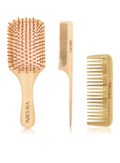 Buy Aroura Premium Bamboo Comb Set: Wooden Massage Hair Brush & Wide Tooth Comb, Perfect for Grooming Women, Men, and Kids - Scalp Massage Comb, 3-Piece Set in UAE