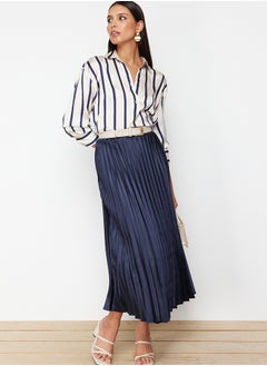 Buy Navy Blue Pleated Satin Fabric Maxi Length Woven Skirt TWOSS24ET00206 in Egypt