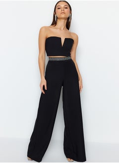 Buy Black Stone Belt Detailed Woven Trousers TPRSS23PL00042 in Egypt