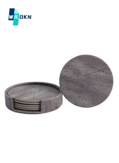 Buy 6-piece set of PU drink coasters with stand, 10cm diameter table protector set, bar kitchen home apartment tabletop decoration decoration (grey) in UAE