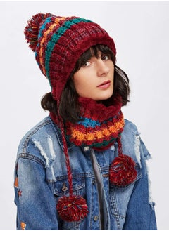 Buy Pom Pom Knit Beanie Hat With Infinity Scarf in UAE